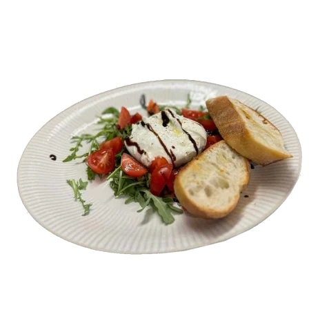 Burrata Brunch Burrata mit Baguette, Tomaten, Rucola und Balsamico.