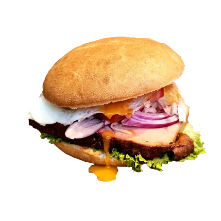 Leberkäse Burger Spezial Burger mit Leberkäse, Spiegelei, Salat und Krautsalat.