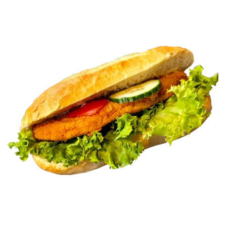 Schnitzelbrötchen Hähnchen Brötchen mit Hähnchenschnitzel, Salat und Soße.